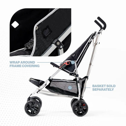 Side view of a black Coche special needs stroller showing the wrap-around frame covering; basket sold separately