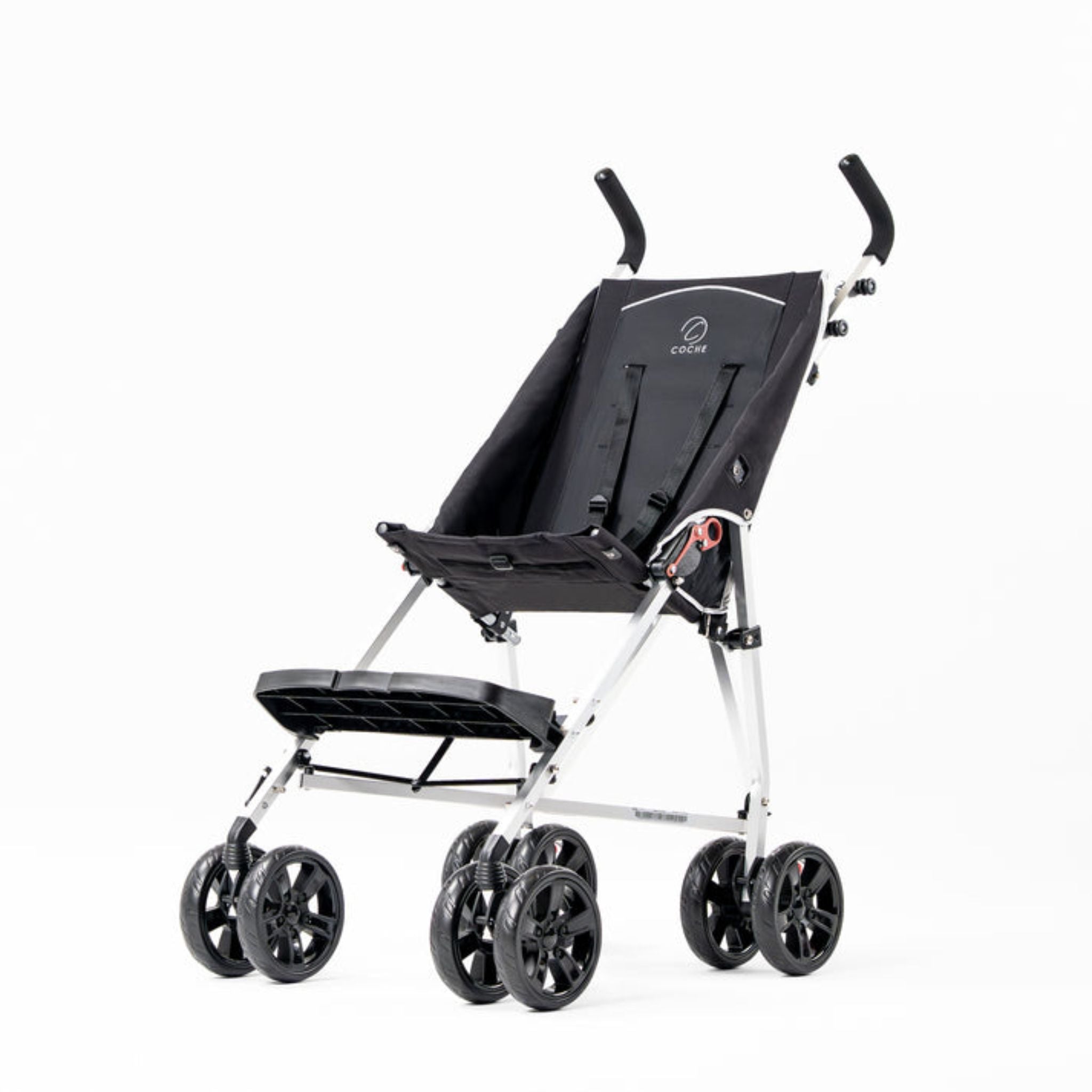 Black Coche special needs stroller with lightweight frame, padded seat, footrest, and dual front swivel wheels