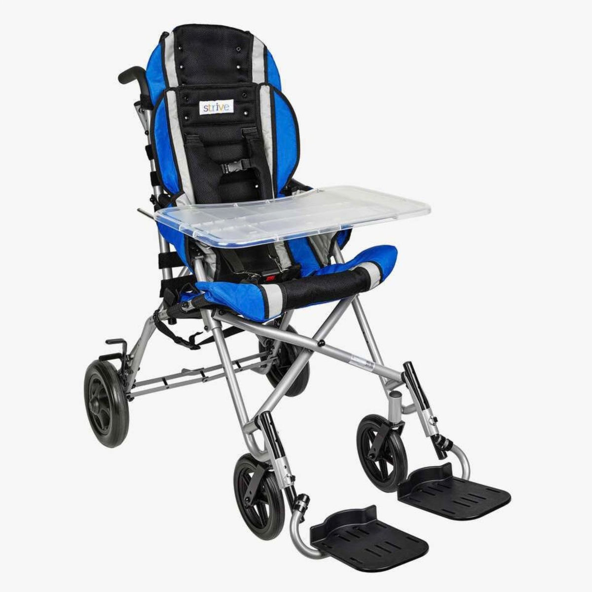 Blue Circle Specialty Strive adaptive stroller shown with optional clear upper extremity support tray and headrest extension