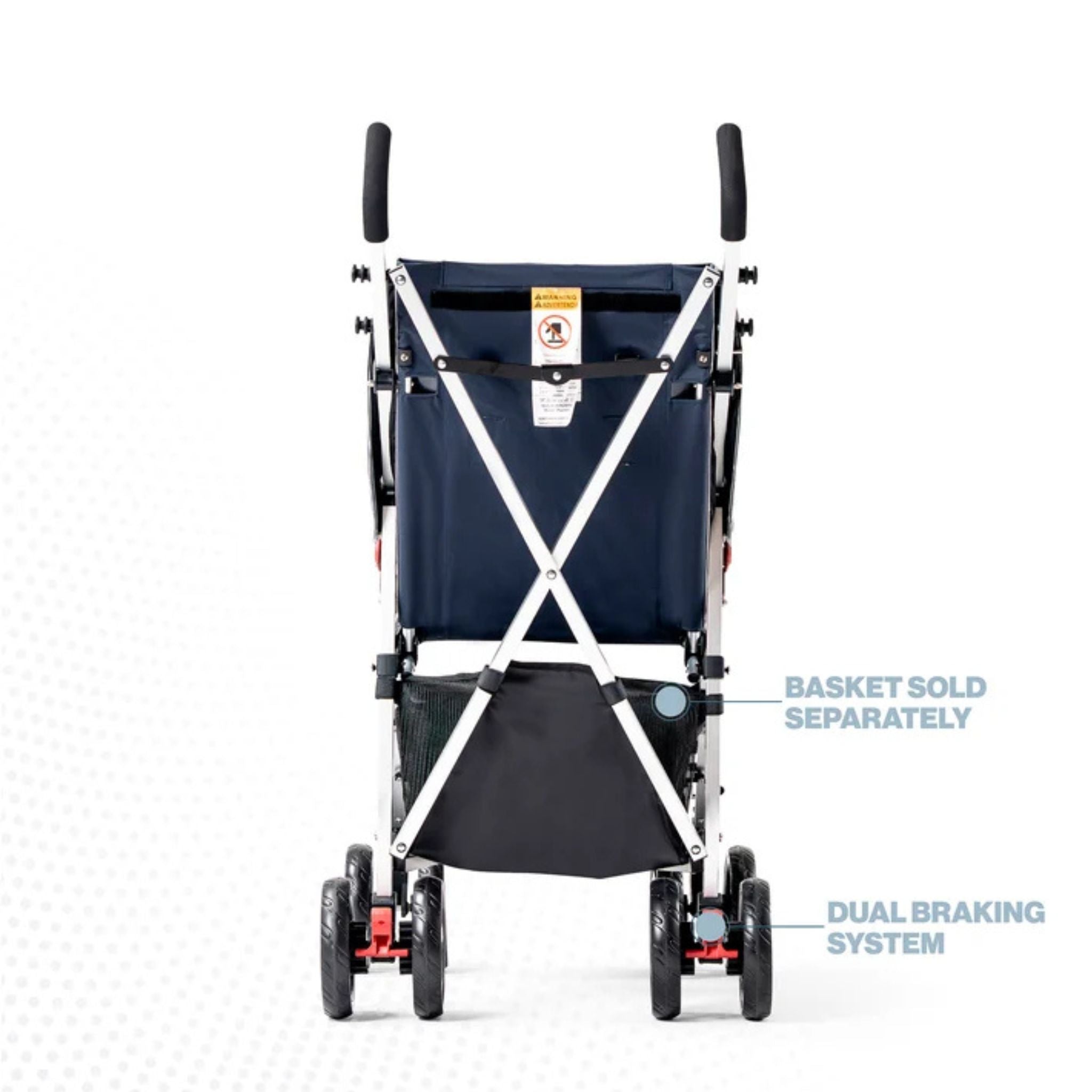 Rear view of a blue Coche special needs stroller showing the dual braking system; storage basket sold separately