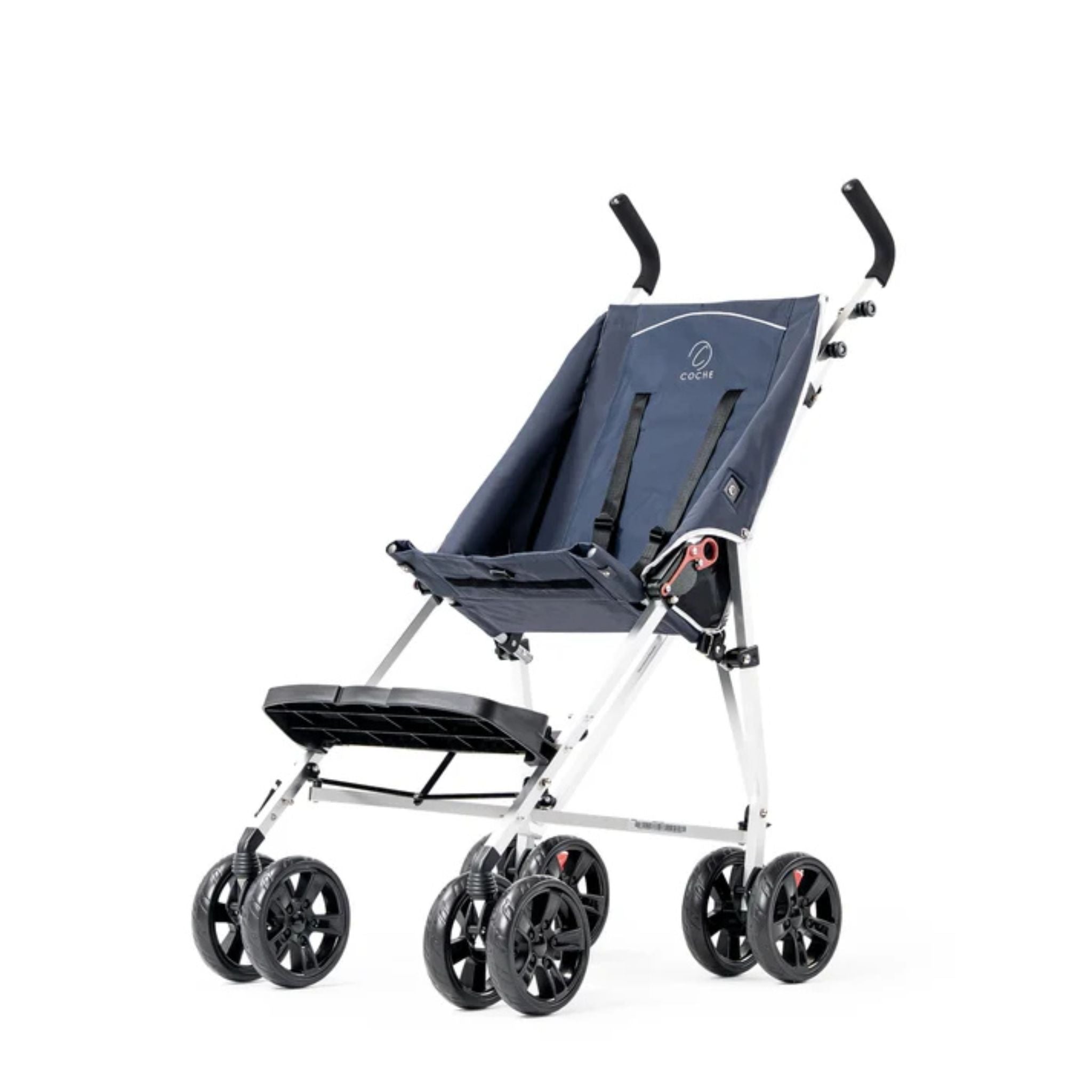 Blue Coche special needs stroller with lightweight frame, padded seat, footrest, and dual front swivel wheels
