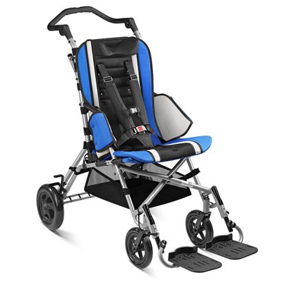 Blue Circle Specialty Strive EZ adaptive stroller with 5-point harness, side supports, angle-adjustable footplates, and under-seat basket