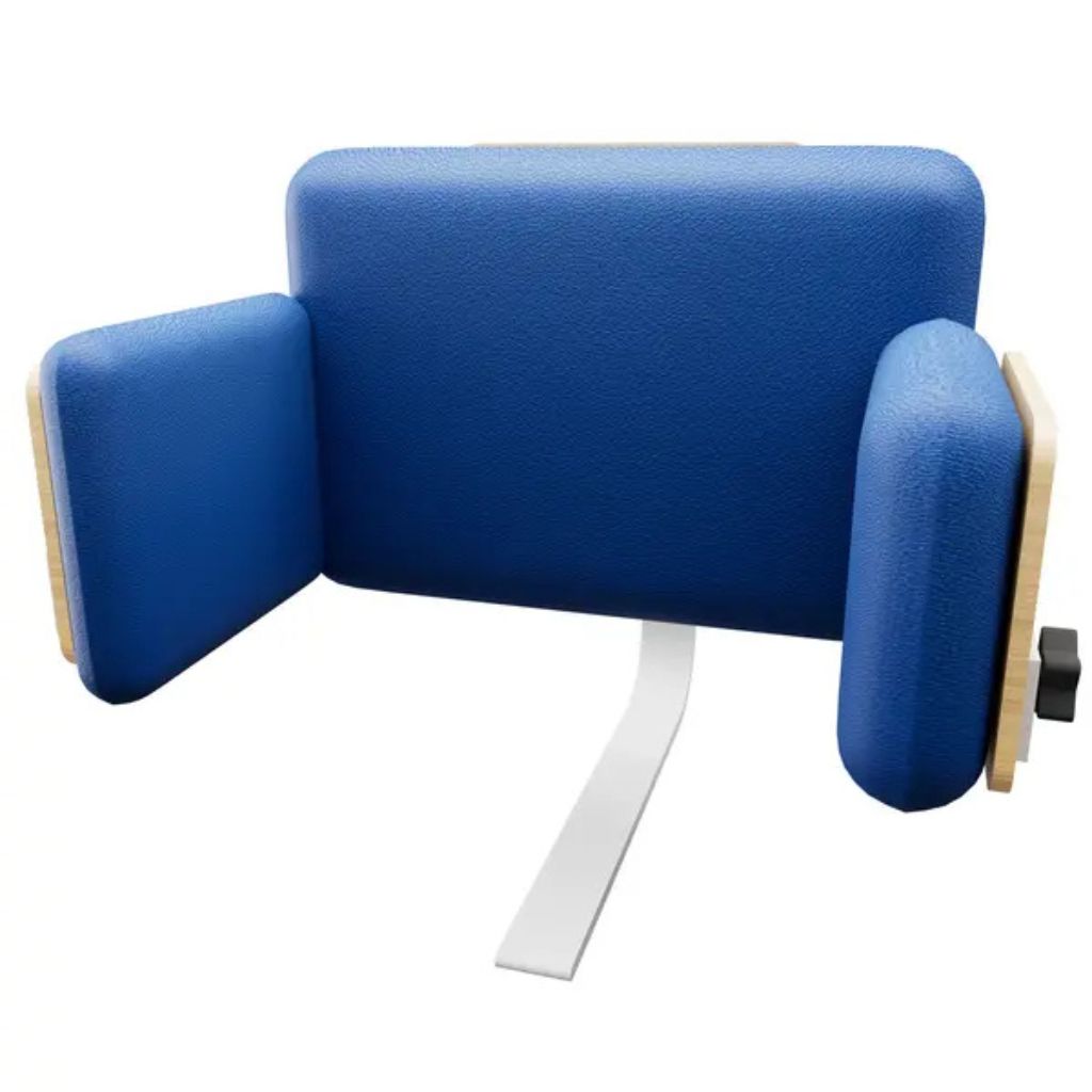 Circle Specialty Axis back support with laterals accessory, front view with blue back pad and side supports