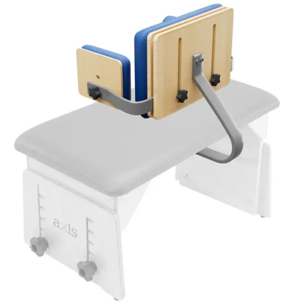 Circle Specialty Axis back support with laterals mounted on the Axis therapy bench, rear view with locking knobs