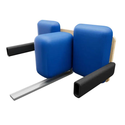 Circle Specialty Axis knee blocks with center abductor positioning accessory, front view with blue padding