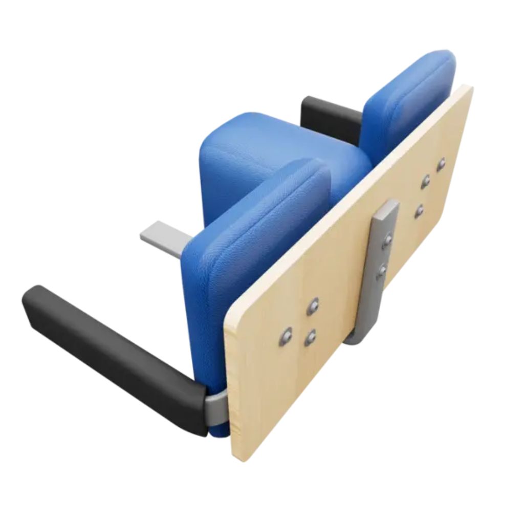 Side view of the Circle Specialty Axis knee blocks with abductor showing the wood mounting board and hardware