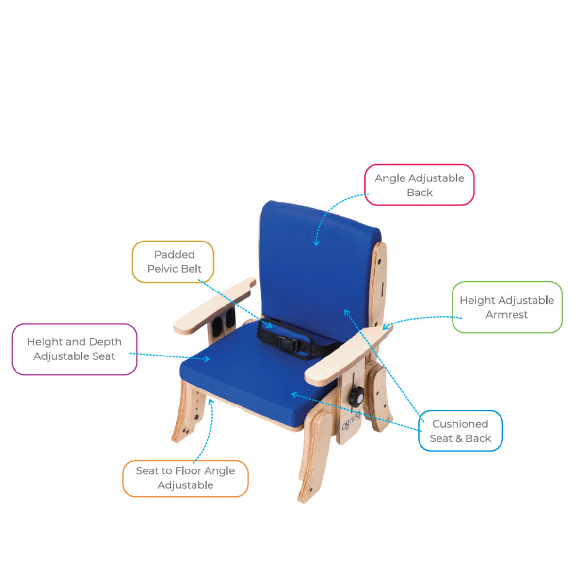 Circle Specialty Pango school chair with labeled adjustable back, seat height and depth, armrests, pelvic belt, and seat angle