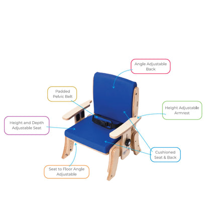 Circle Specialty Pango school chair with labeled adjustable back, seat height and depth, armrests, pelvic belt, and seat angle