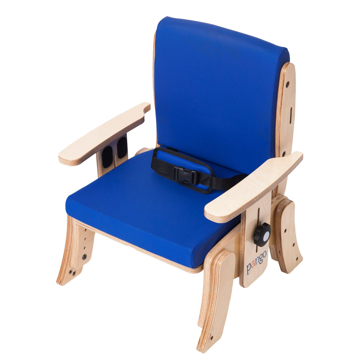 Angled view of the Circle Specialty Pango school chair showing the adjustment knob, armrests, and cushioned blue seat