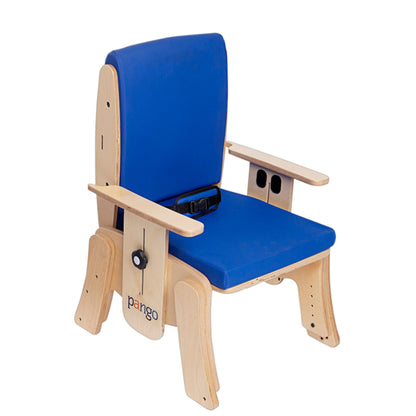 Circle Specialty Pango school chair with blue cushioned seat and back, wooden frame, armrests, and padded pelvic belt