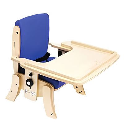 Optional wooden tray attached to the armrests of a Circle Specialty Pango school chair