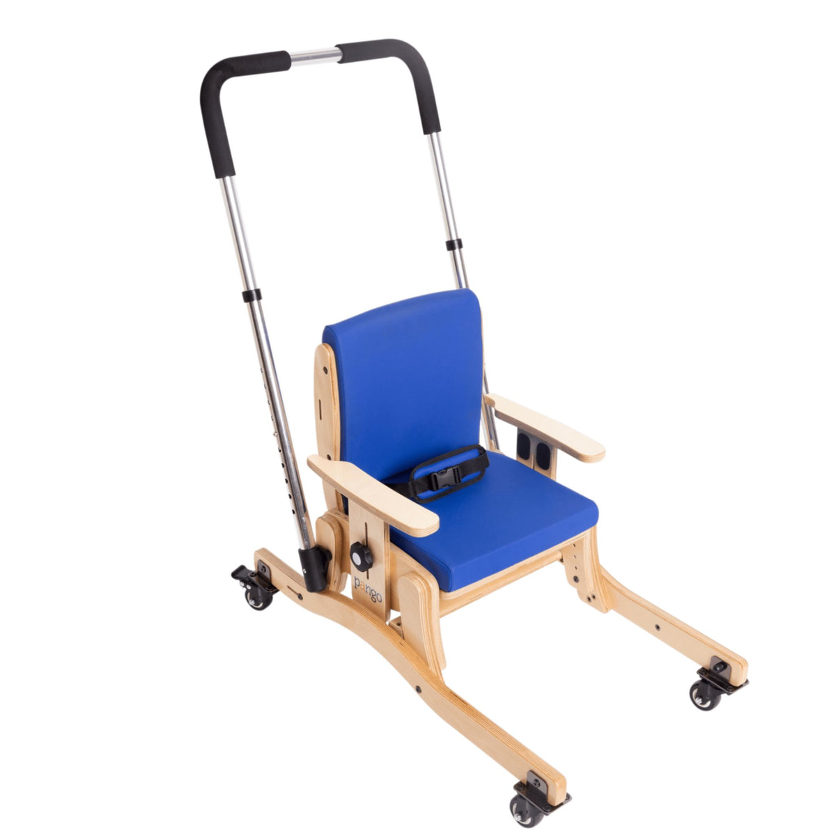Circle Specialty Pango school chair with optional push guide bar and stabilizer base with wheel kit