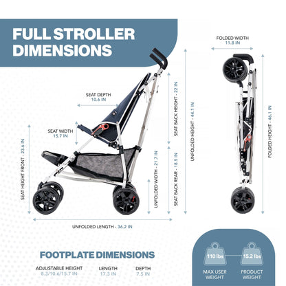 Dimension diagram of the Coche special needs stroller showing side and folded views: 44.1 in unfolded height, 36.2 in length, 21.7 in width, 15.7 in seat width, 10.6 in seat depth, 22 in seat back height; folds to 46.1 x 11.8 in. Adjustable footplate 8.3/10.6/15.7 in. Weighs 15.2 lbs, supports up to 110 lbs.
