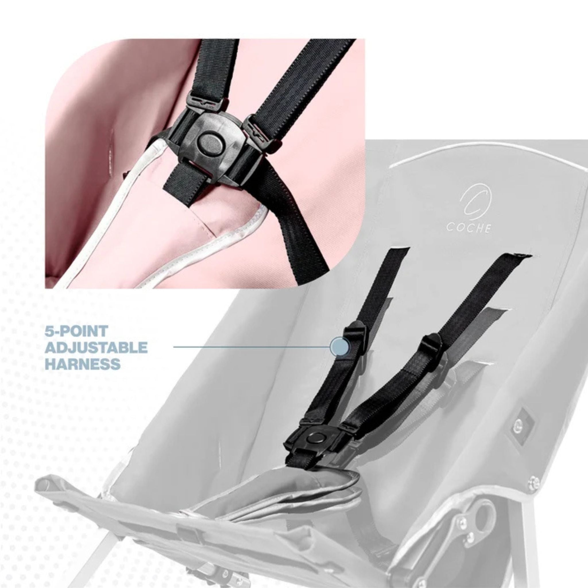 Close-up of the 5-point adjustable safety harness on a pink Coche special needs stroller seat
