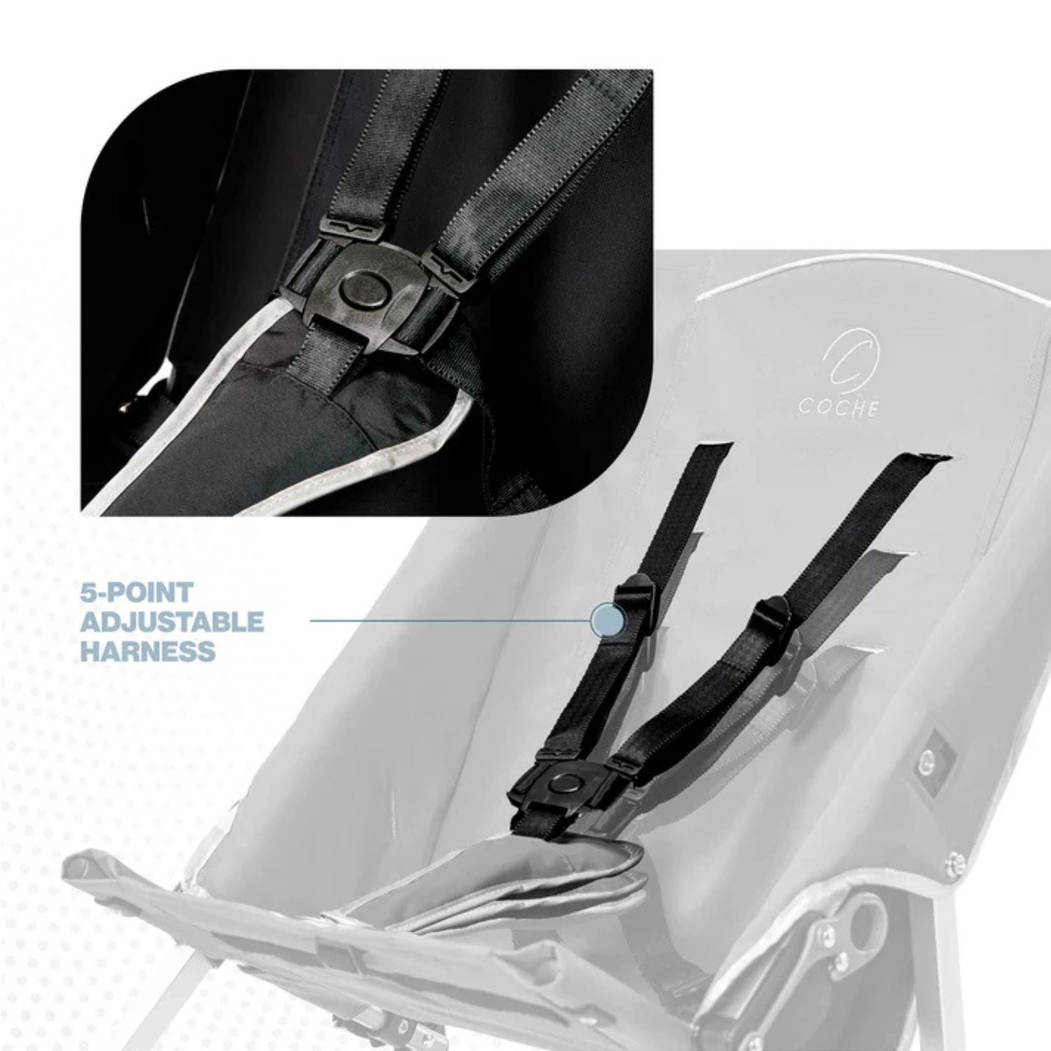 Close-up of the 5-point adjustable safety harness on a black Coche special needs stroller seat