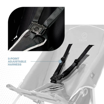 Close-up of the 5-point adjustable safety harness on a black Coche special needs stroller seat