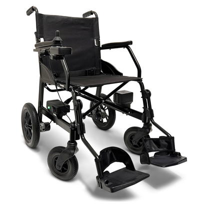 Ultra lightweight electric wheelchair with joystick controls and folding frame, black
