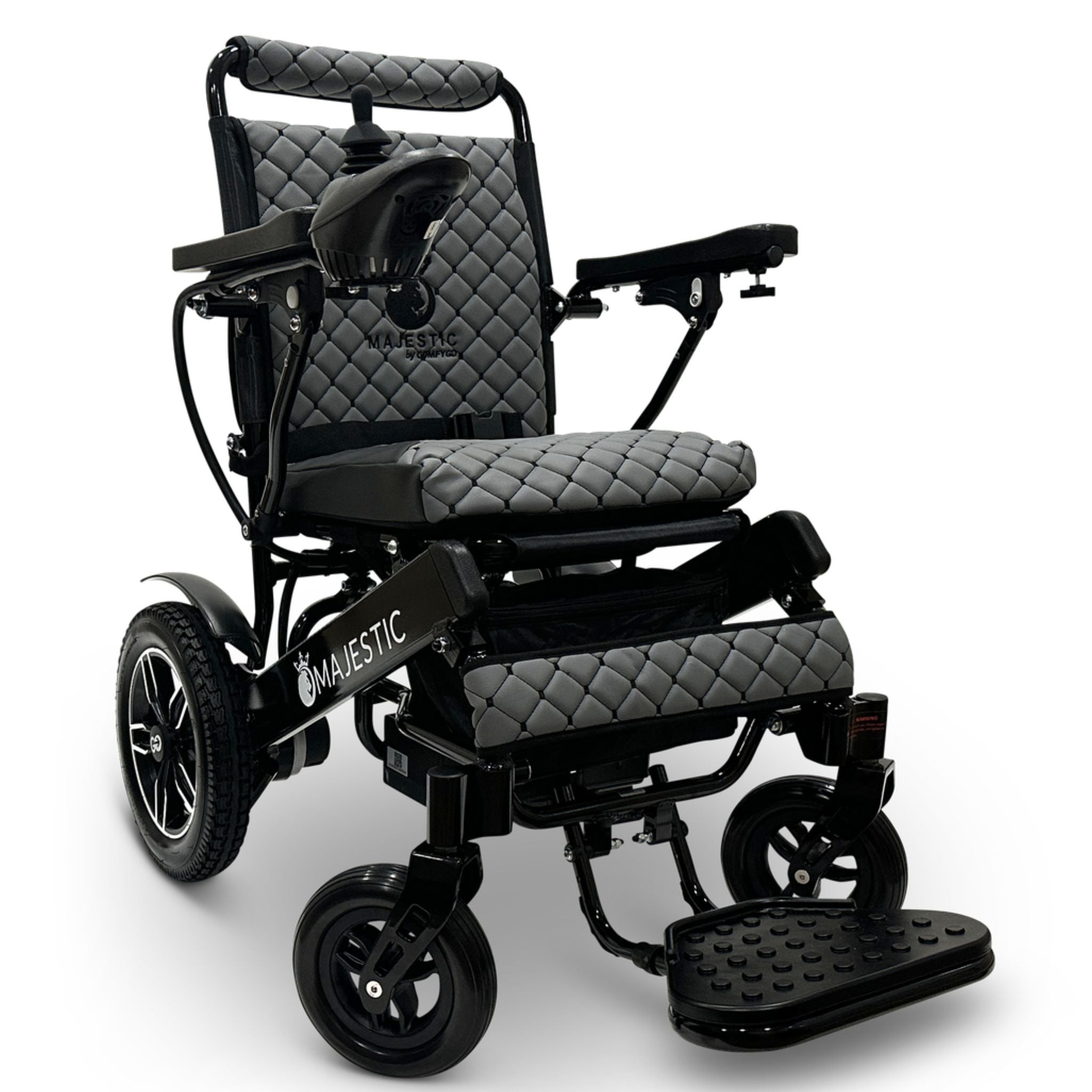 Gray ComfyGO MAJESTIC IQ-8000 portable power wheelchair with quilted cushion upholstery and compact folding frame