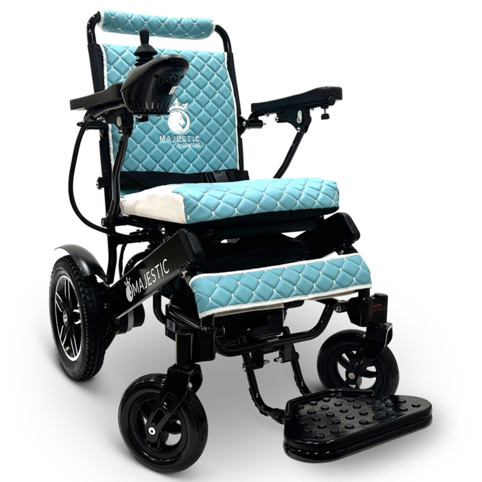 Teal ComfyGO MAJESTIC IQ-8000 portable power wheelchair with quilted cooling cushion and compact folding frame