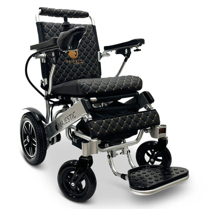 Silver frame ComfyGO MAJESTIC IQ-8000 lightweight electric wheelchair with luxury quilted cushions and folding portability