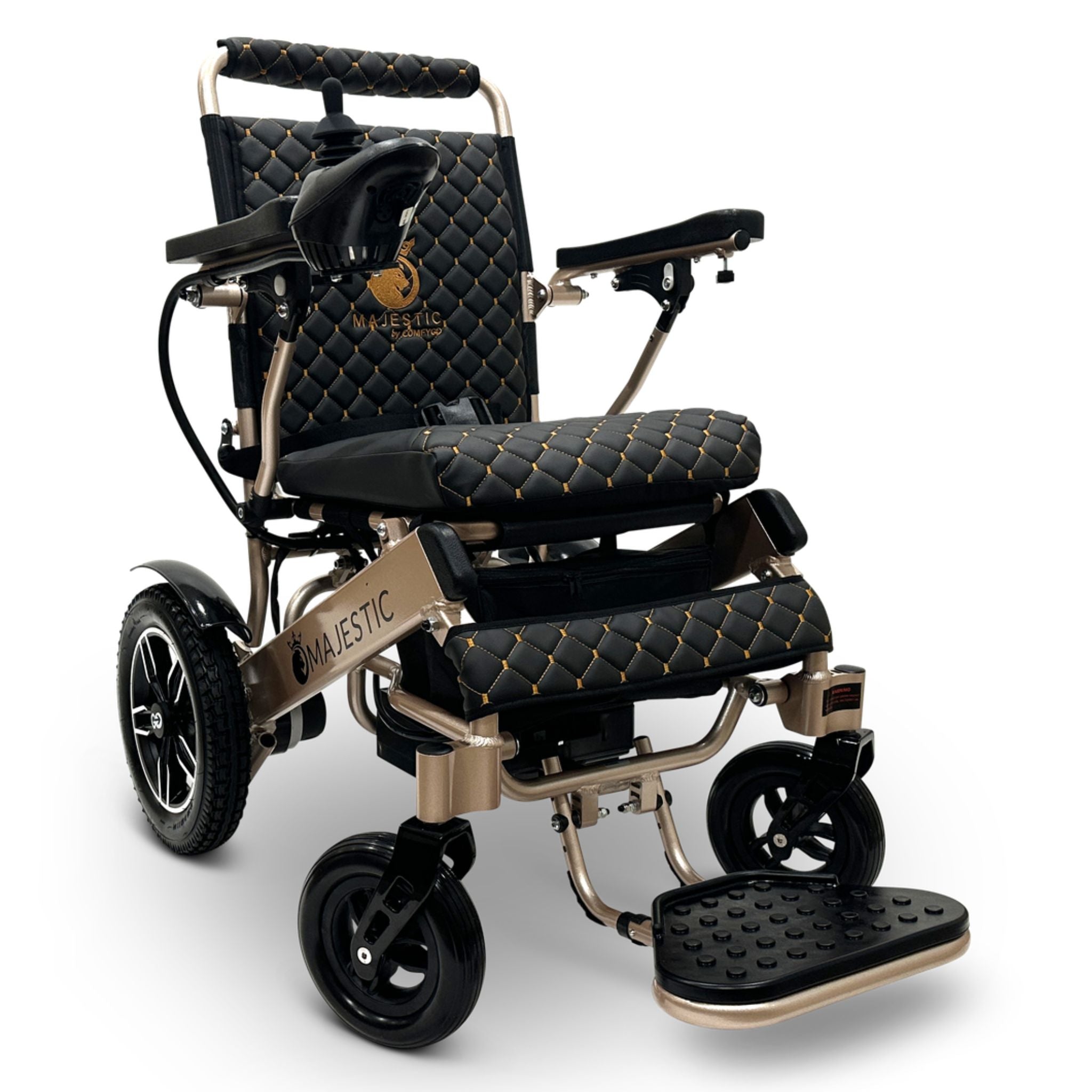 Bronze frame ComfyGO MAJESTIC IQ-8000 portable electric wheelchair with luxury quilted seating and foldable design