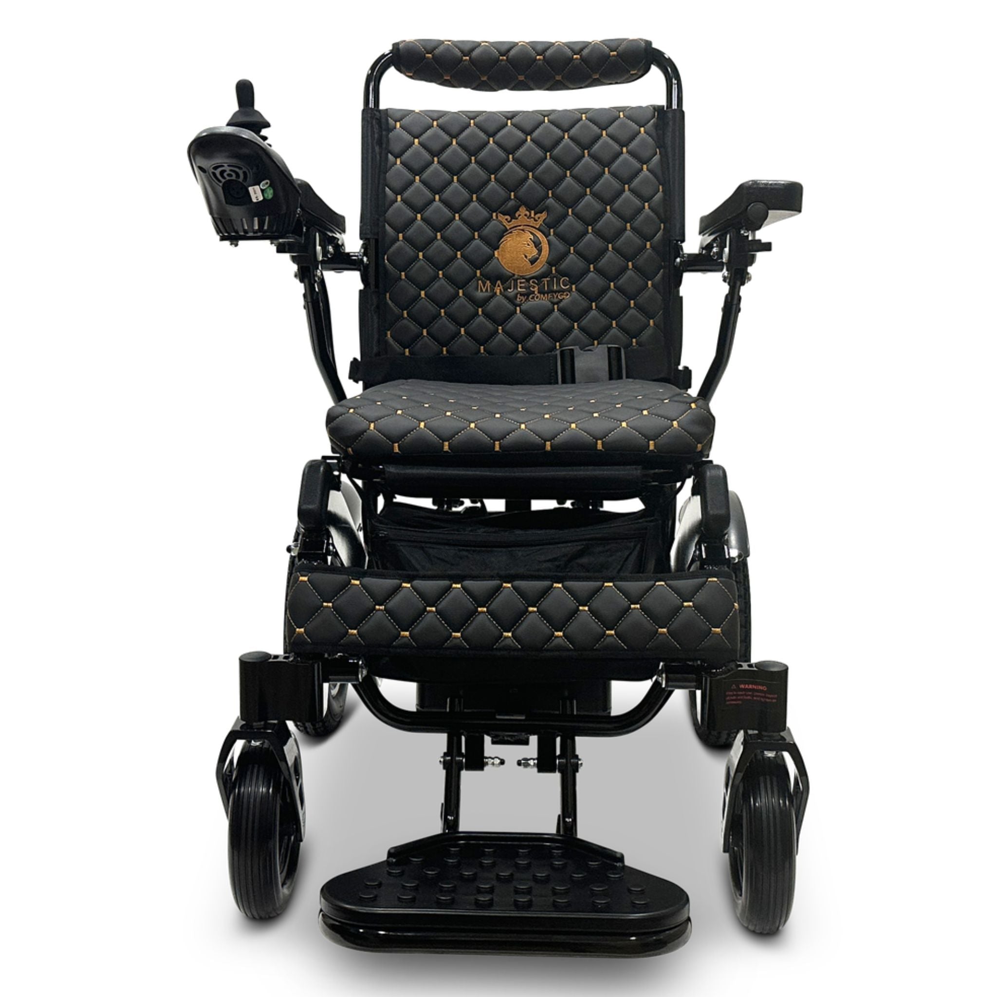 Front view of the ComfyGO MAJESTIC IQ-8000 lightweight power wheelchair showing quilted seating and joystick controller
