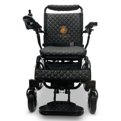 Front view of the ComfyGO MAJESTIC IQ-8000 lightweight power wheelchair showing quilted seating and joystick controller