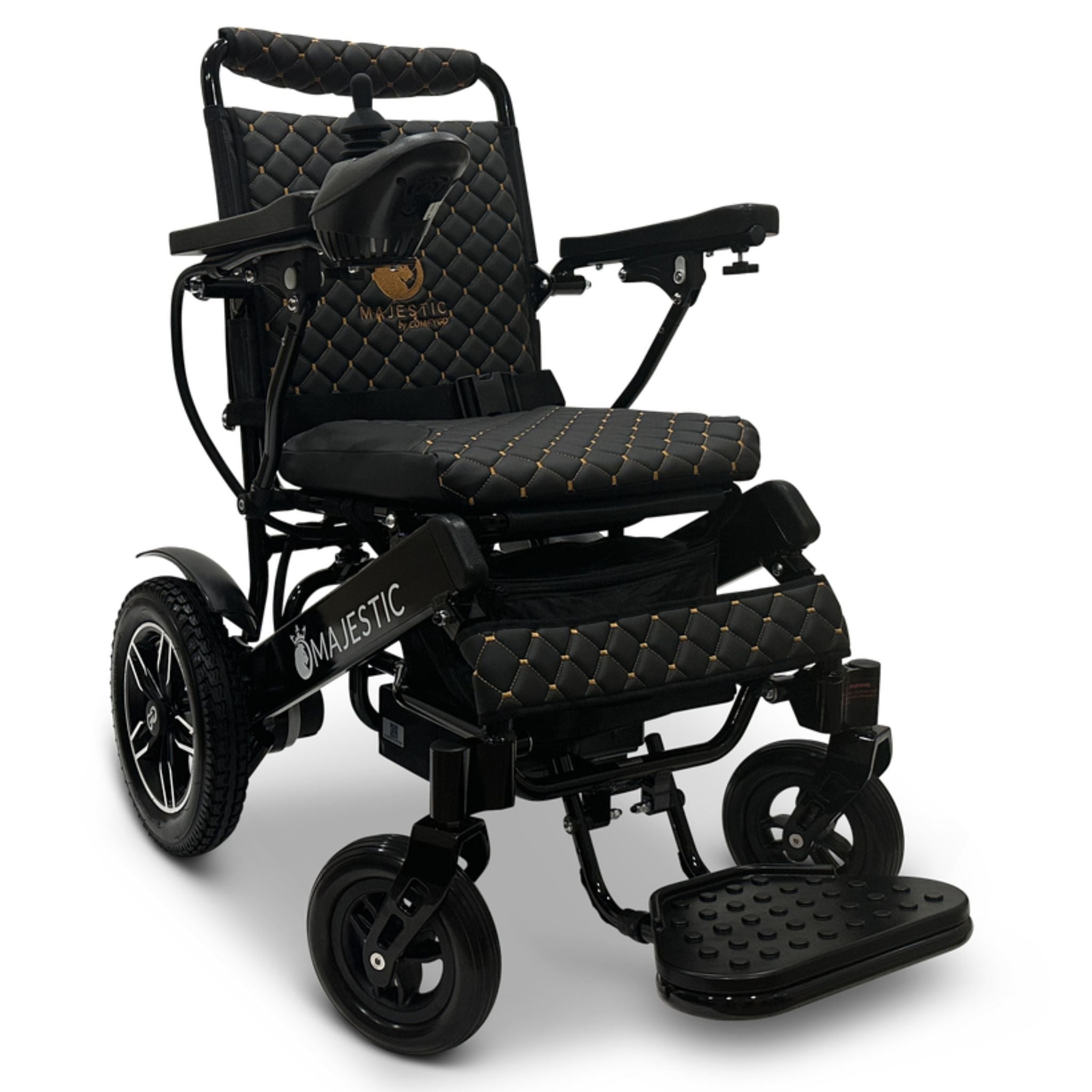 ComfyGO MAJESTIC IQ-8000 lightweight folding electric wheelchair with luxury quilted black seating and portable power mobility design