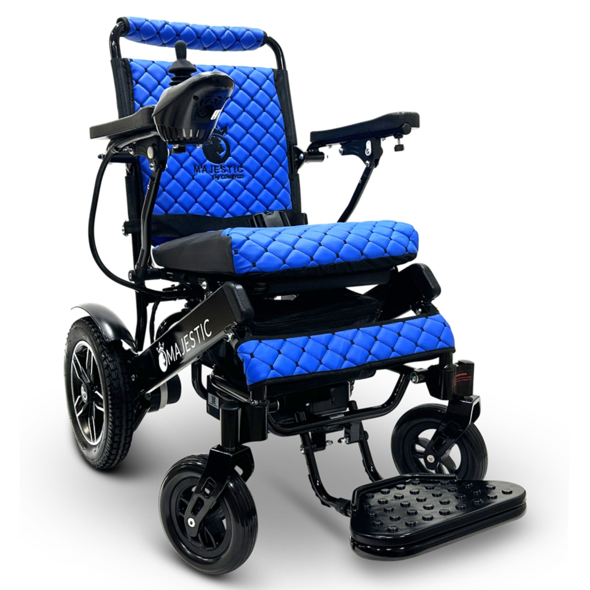 Blue ComfyGO MAJESTIC IQ-8000 lightweight folding electric wheelchair with quilted cooling gel seat cushion and joystick controller