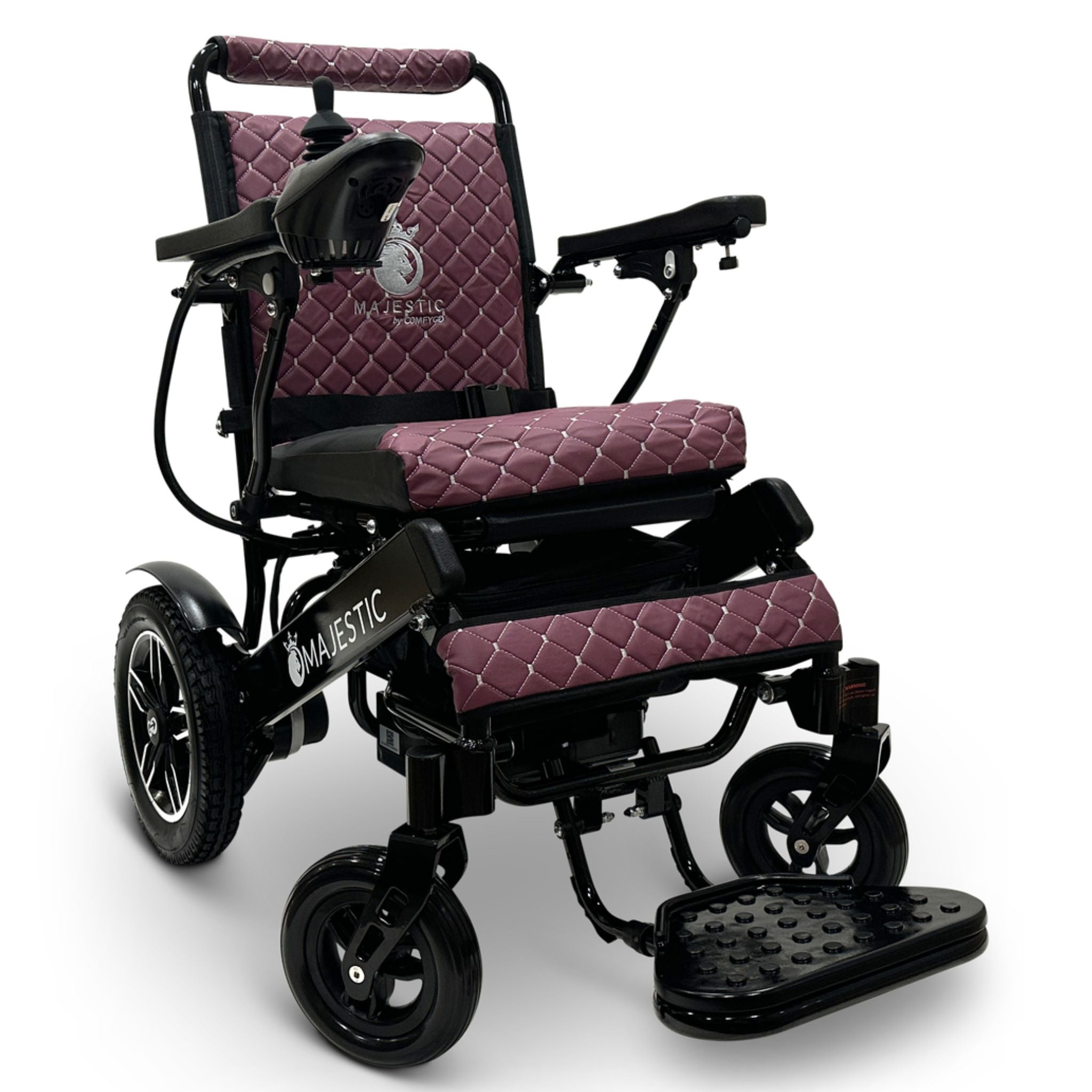 Purple ComfyGO MAJESTIC IQ-8000 folding electric wheelchair with joystick control and premium quilted seating