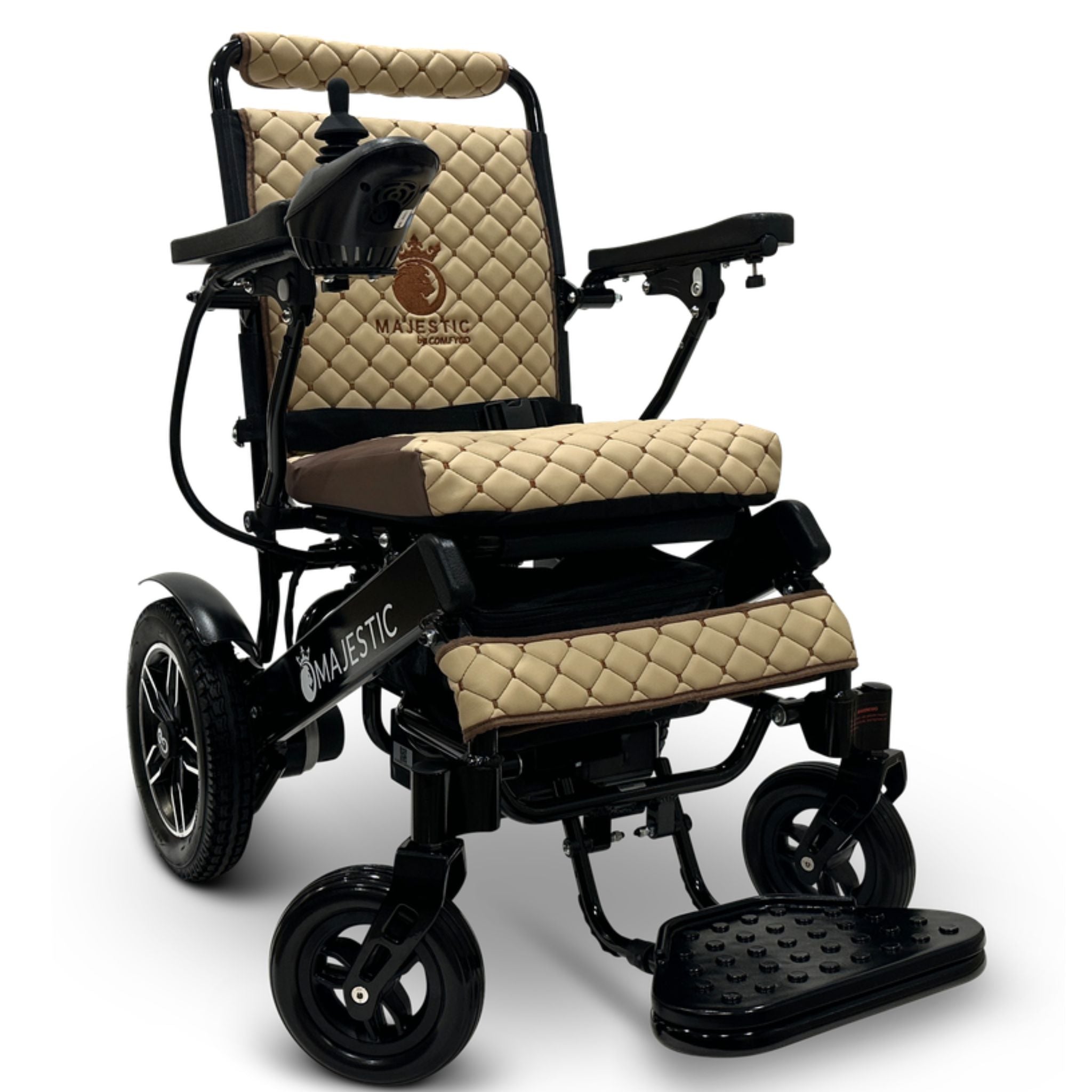 Coffee-colored ComfyGO MAJESTIC IQ-8000 lightweight folding electric wheelchair with padded seat and airline-approved design