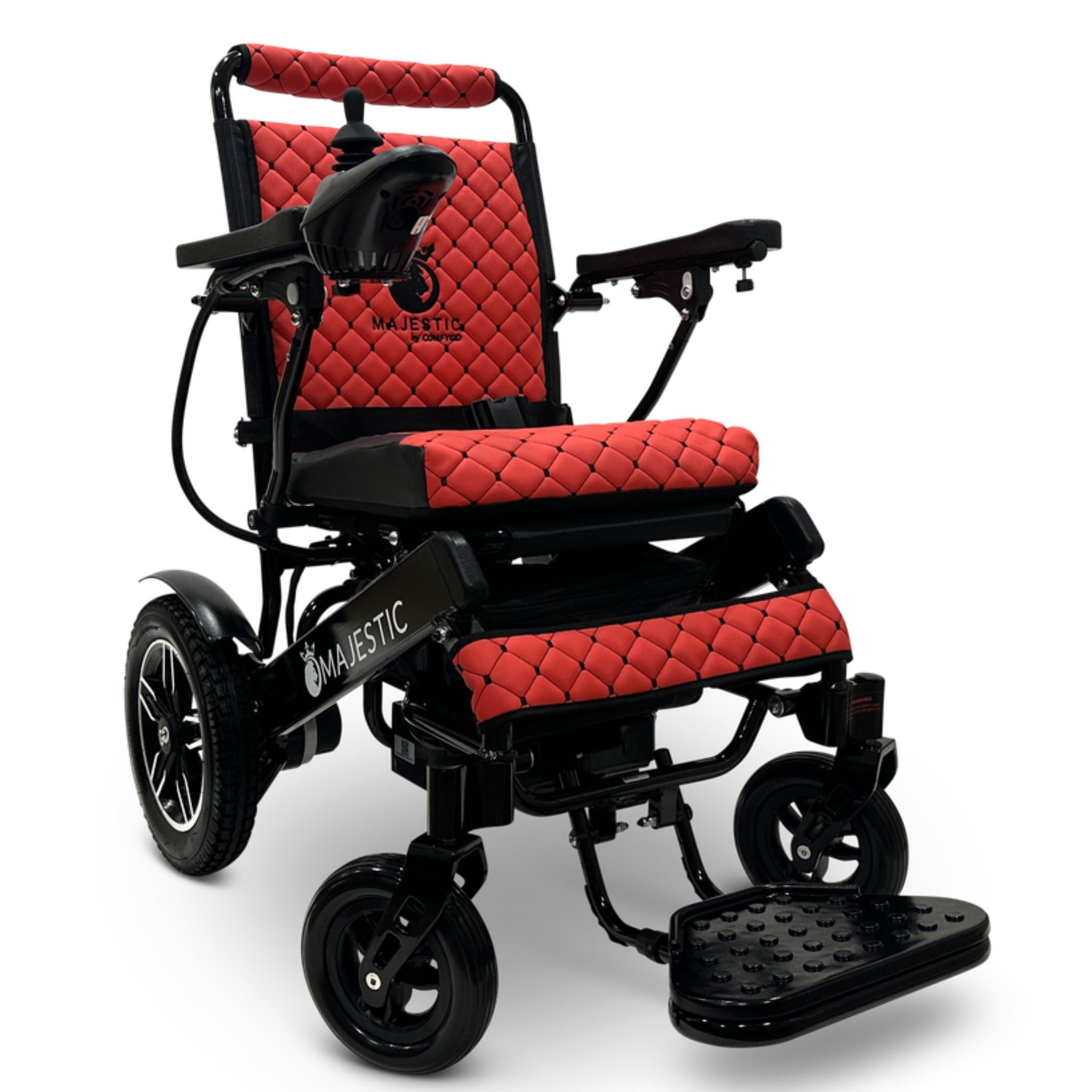 Red ComfyGO MAJESTIC IQ-8000 lightweight folding power wheelchair with compact travel-ready frame and padded seat