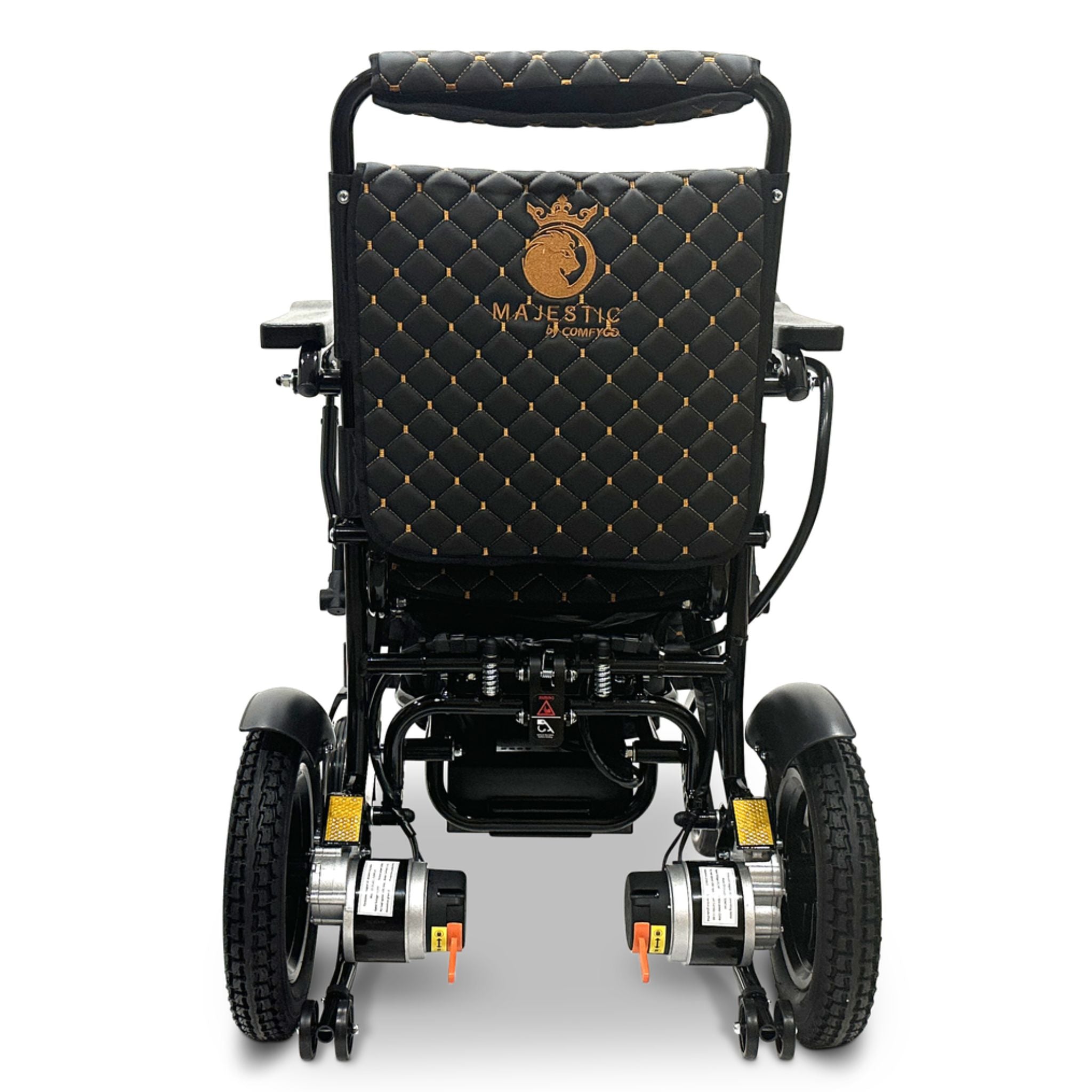 Rear view of the ComfyGO MAJESTIC IQ-8000 electric wheelchair showing dual motors and folding travel-ready frame