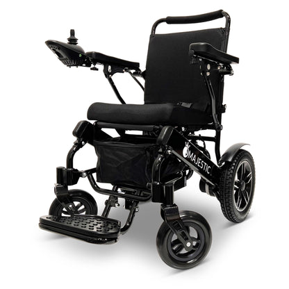 Black frame ComfyGO MAJESTIC IQ-8000 lightweight folding electric wheelchair with breathable seat and joystick control