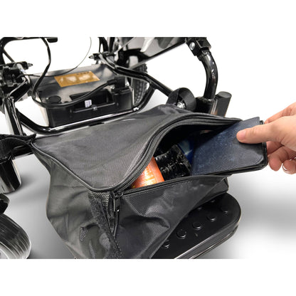 Under-seat storage bag on the ComfyGO MAJESTIC IQ-8000 lightweight folding electric wheelchair holding personal belongings