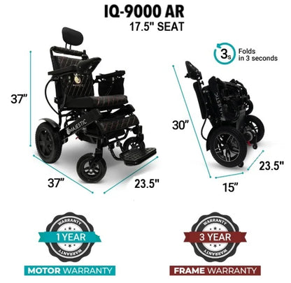 ComfyGO Majestic IQ-9000 AR 17.5-inch seat infographic with open and folded dimensions, 3-second fold, and warranty