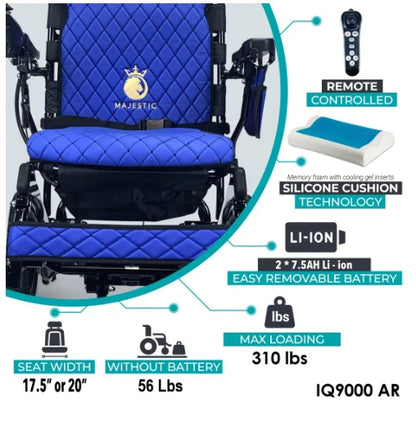 ComfyGO Majestic IQ-9000 AR infographic showing memory foam cushion, removable lithium battery, and 310 lb capacity
