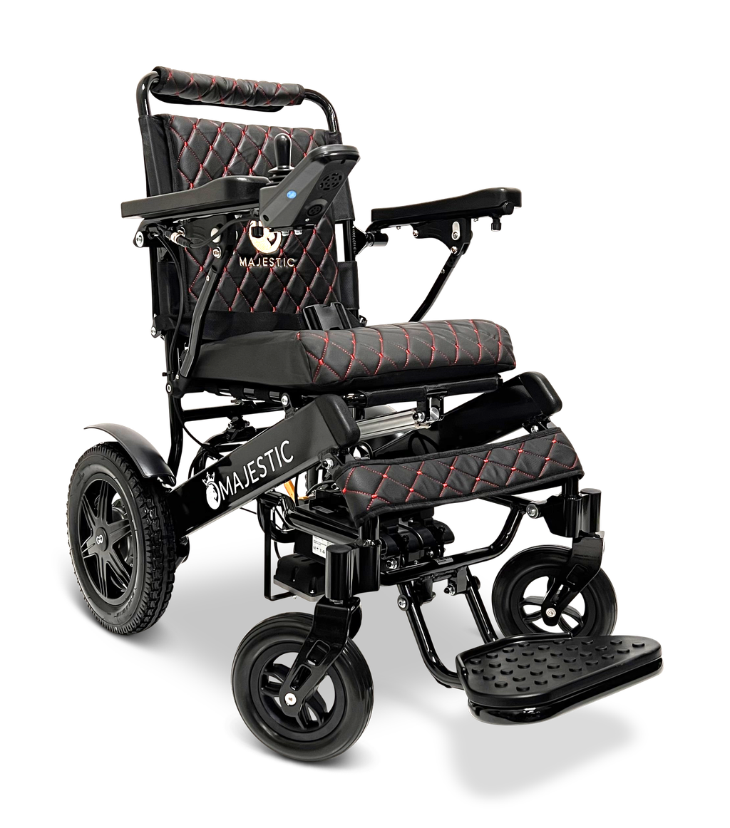 ComfyGO Majestic IQ-9000 folding electric wheelchair in black quilted upholstery with red stitching and black frame