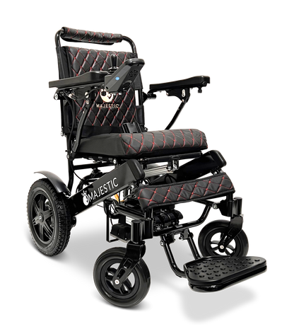 ComfyGO Majestic IQ-9000 folding electric wheelchair in black quilted upholstery with red stitching and black frame