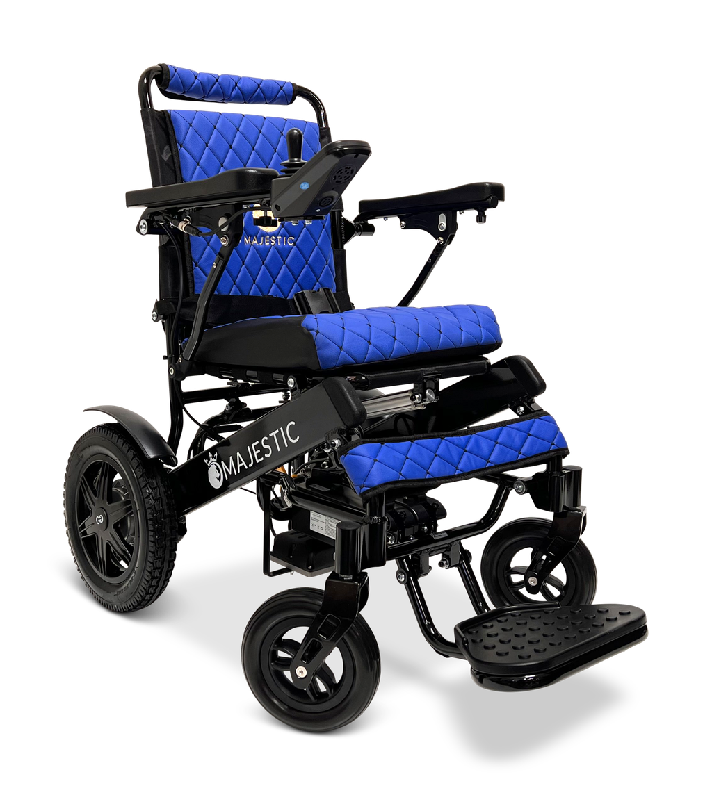 ComfyGO Majestic IQ-9000 folding electric wheelchair in blue quilted upholstery with black frame and joystick