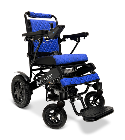 ComfyGO Majestic IQ-9000 folding electric wheelchair in blue quilted upholstery with black frame and joystick
