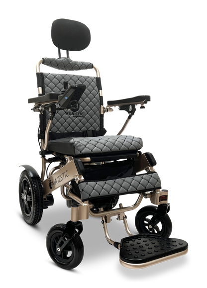 ComfyGO Majestic IQ-9000 folding electric wheelchair in gray quilted upholstery with bronze frame and headrest