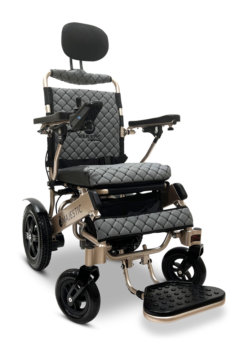 ComfyGO Majestic IQ-9000 folding electric wheelchair in gray quilted upholstery with bronze frame and headrest