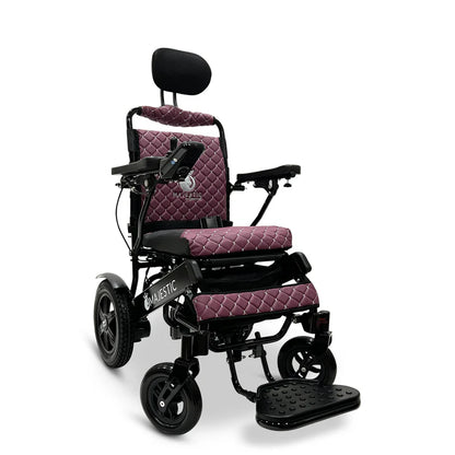 ComfyGO Majestic IQ-9000 folding electric wheelchair in purple quilted upholstery with black frame and headrest