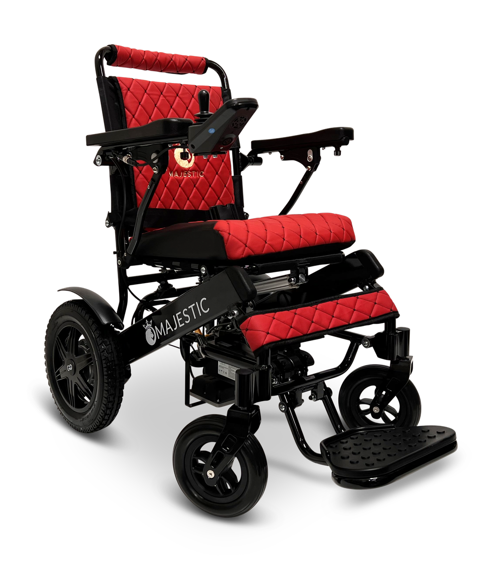 ComfyGO Majestic IQ-9000 folding electric wheelchair in red quilted upholstery with black frame and joystick
