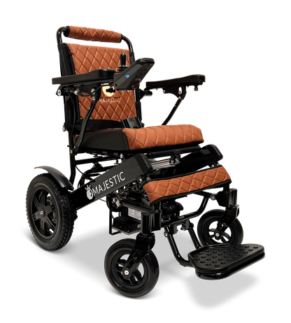 ComfyGO Majestic IQ-9000 folding electric wheelchair in taba terracotta quilted upholstery with black frame