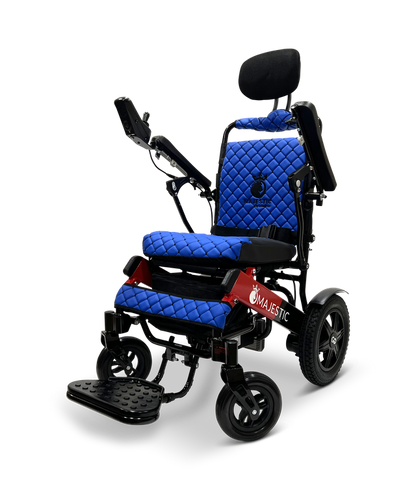 ComfyGO Majestic IQ-9000 electric wheelchair front angle in blue upholstery with flip-back armrests raised for transfers
