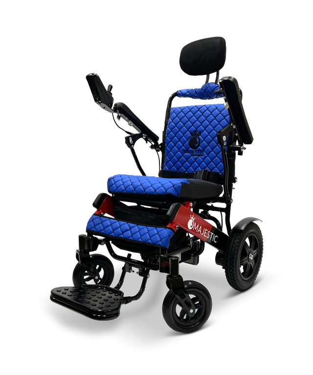 ComfyGO Majestic IQ-9000 electric wheelchair front angle in blue upholstery with flip-back armrests raised for transfers