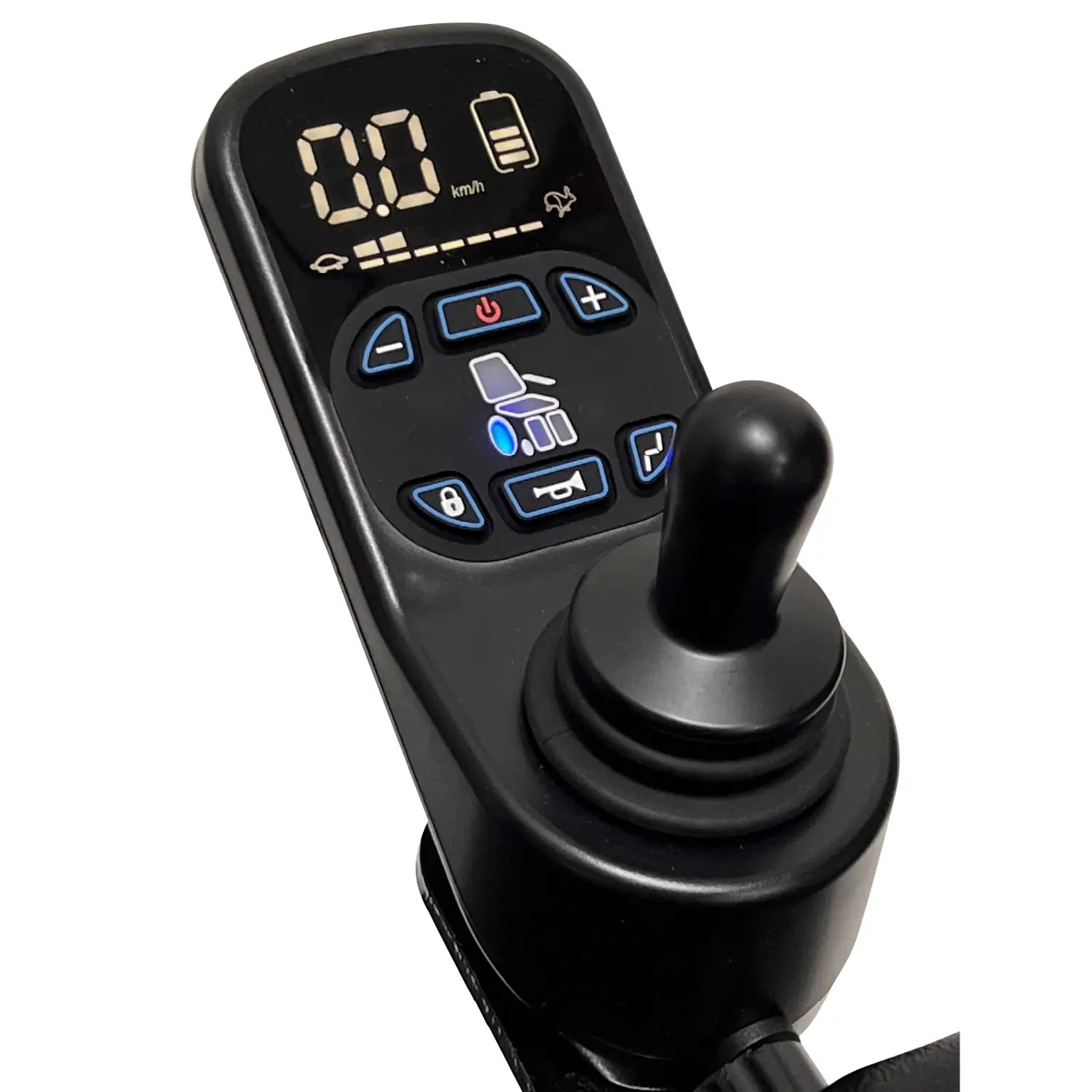 ComfyGO Majestic IQ-9000 LCD joystick controller showing speed, battery level, and recline and control buttons