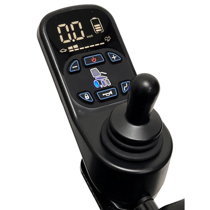 ComfyGO Majestic IQ-9000 LCD joystick controller showing speed, battery level, and recline and control buttons